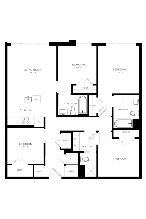 Floor plan for 4 beds, 3 baths, 1192 sqft